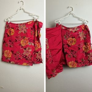 Casual Corner Silk Mini Wrap Skirt Women's Large L Coral Floral Vintage